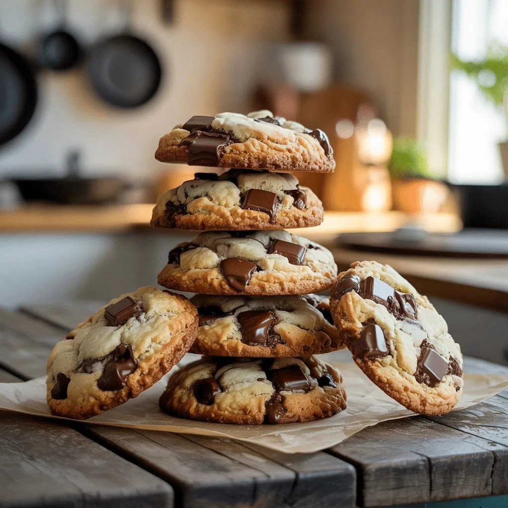 Cottage Cheese Chocolate Chip Cookies stacked on rustic table