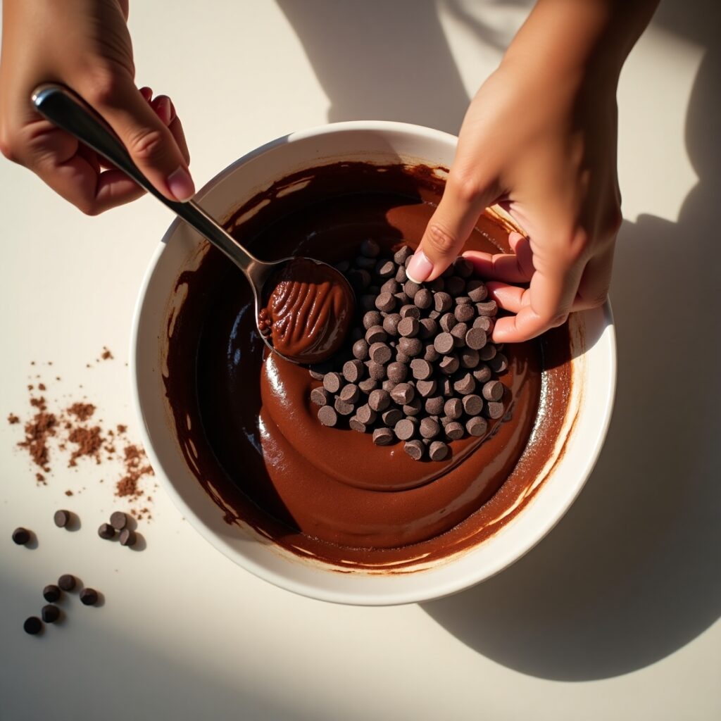 Protein Brownie Mug: 7 Simple Ingredients, Huge Taste 4 Folding chocolate chips into protein brownie mug batter