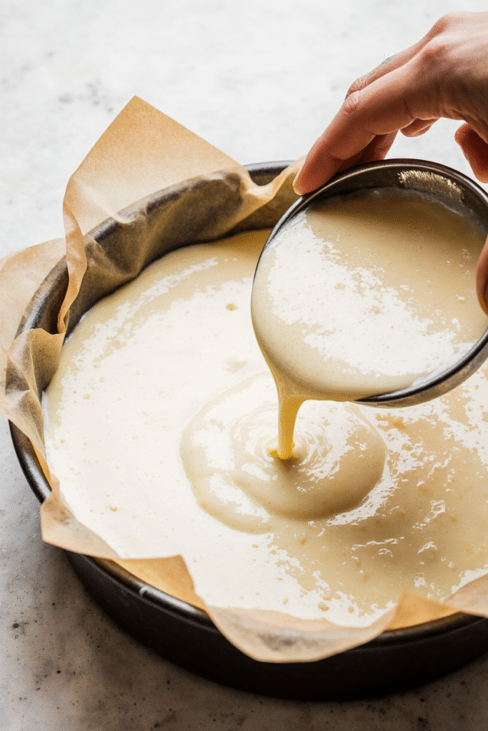 Protein Desserts Cookie Recipes: Amazing Cottage Cheese Cheesecake You’ll Love 5 pouring blended cheesecake batter into a pan