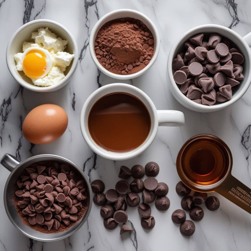 Protein Brownie Mug: 7 Simple Ingredients, Huge Taste 3 Ingredients for protein brownie mug laid out on marble