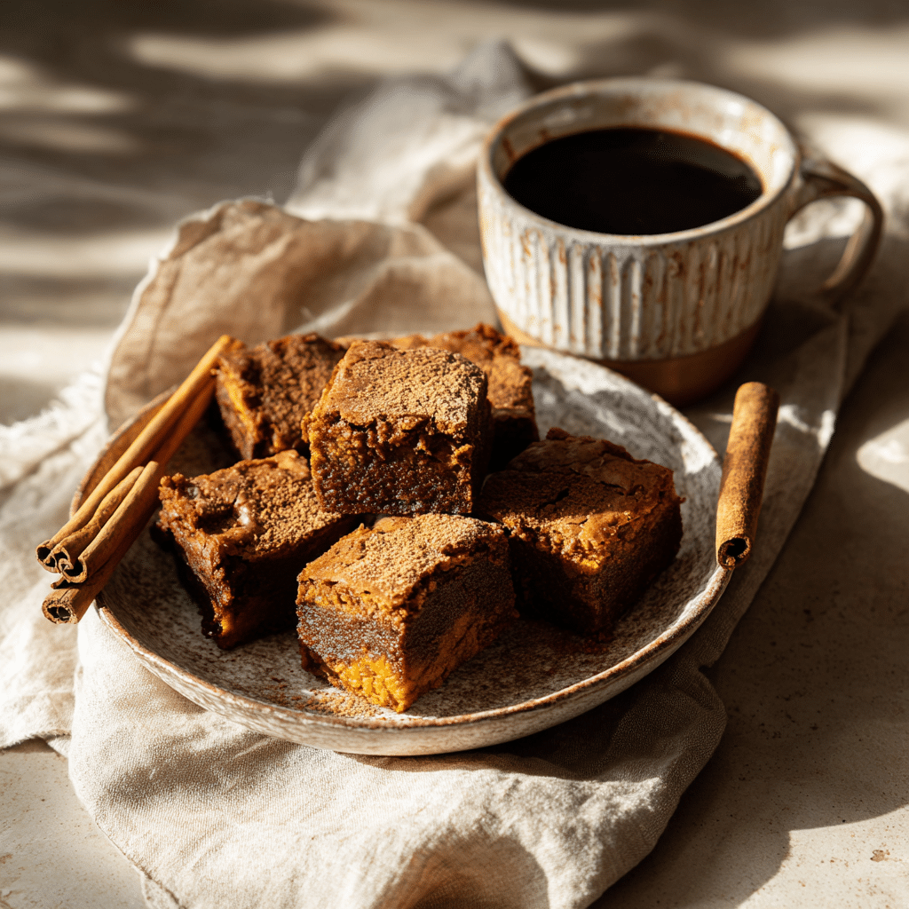 Pumpkin Protein Brownies – 5 Amazing Benefits + Guilt-Free Flavor 6 Sliced pumpkin protein brownies served on a plate