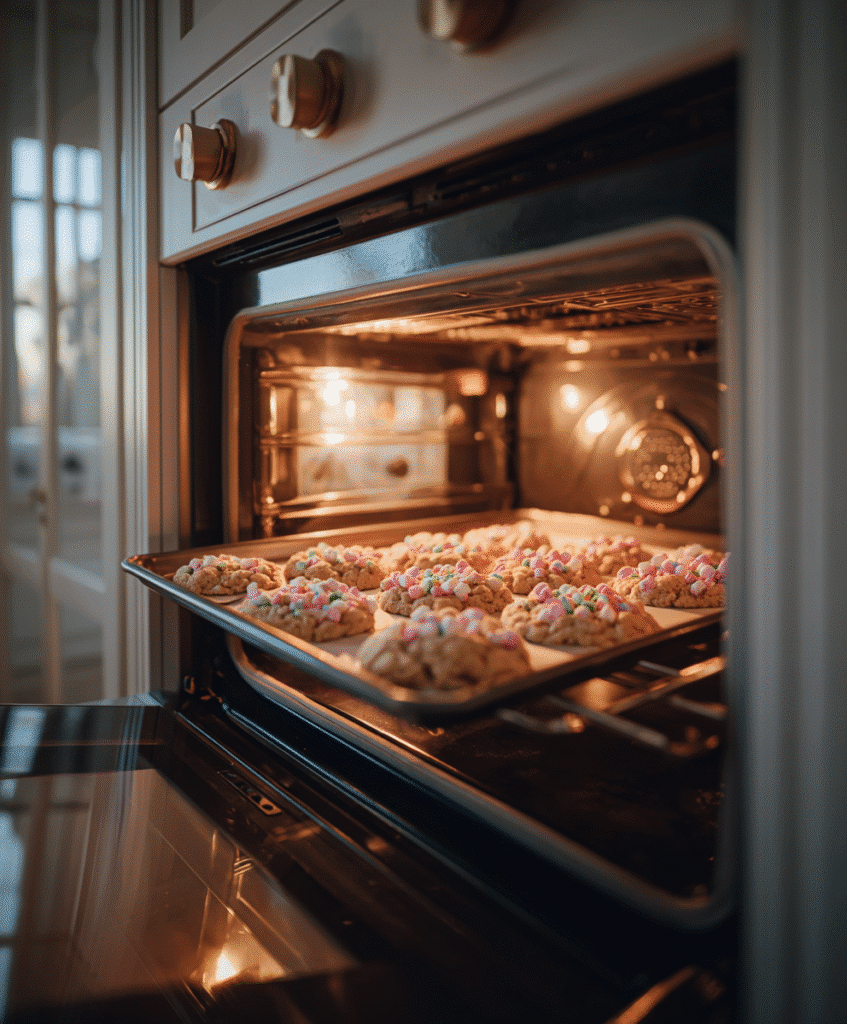 Lucky Charms Cereal Cookies – A Magical Homemade Cookie Kids Love 6 Lucky Charms cereal cookies rising in the oven