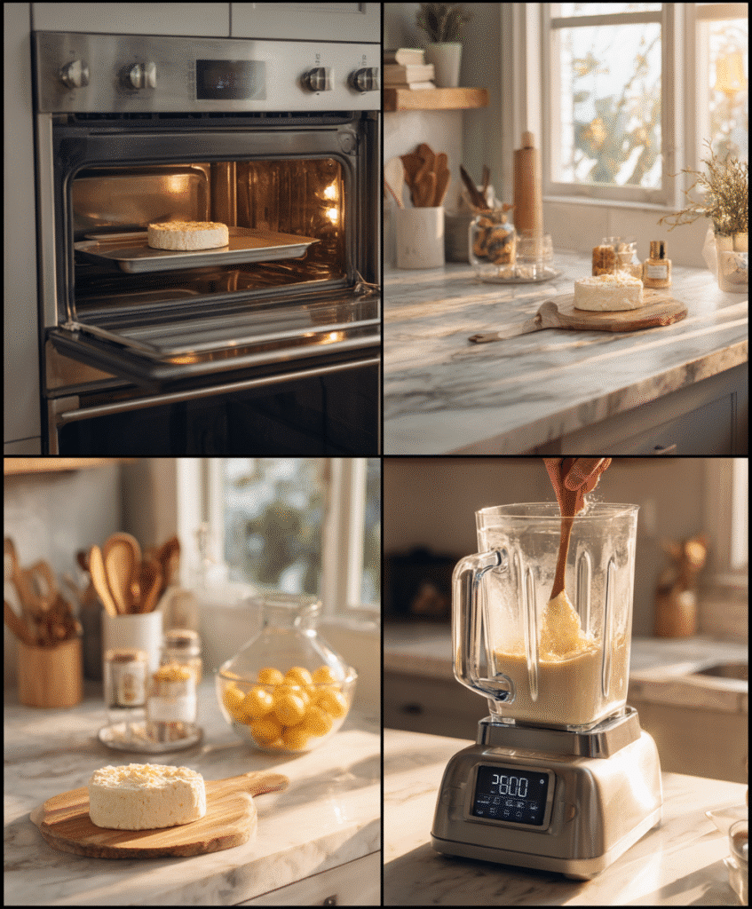 How to Make Keto Cottage Cheese Cheesecake: A Delicious Low-Carb Treat 5 tep-by-step image showing the entire process of making Keto Cottage Cheese Cheesecake: preheating the oven, blending ingredients, adding eggs, and pouring the mixture into a springform pan.