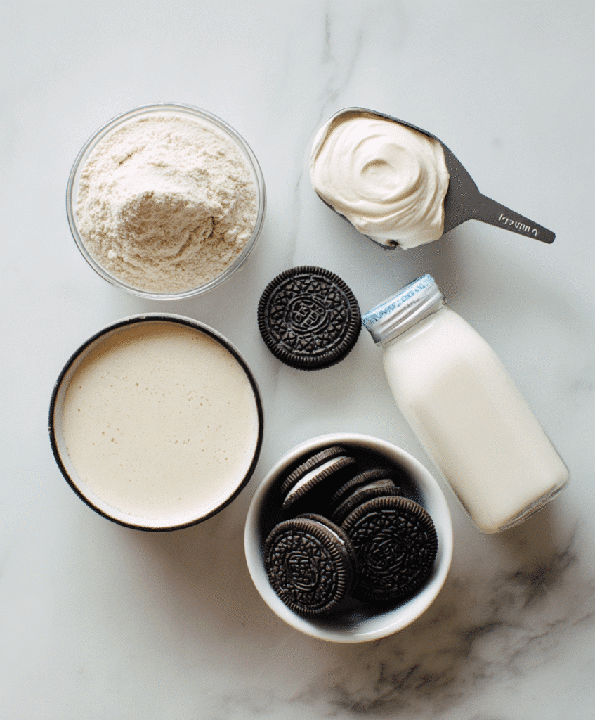 Cookies and Cream Protein Shake Recipe: Amazing 3-Step Treat 4 Ingredients for cookies and cream protein shake on a white counter