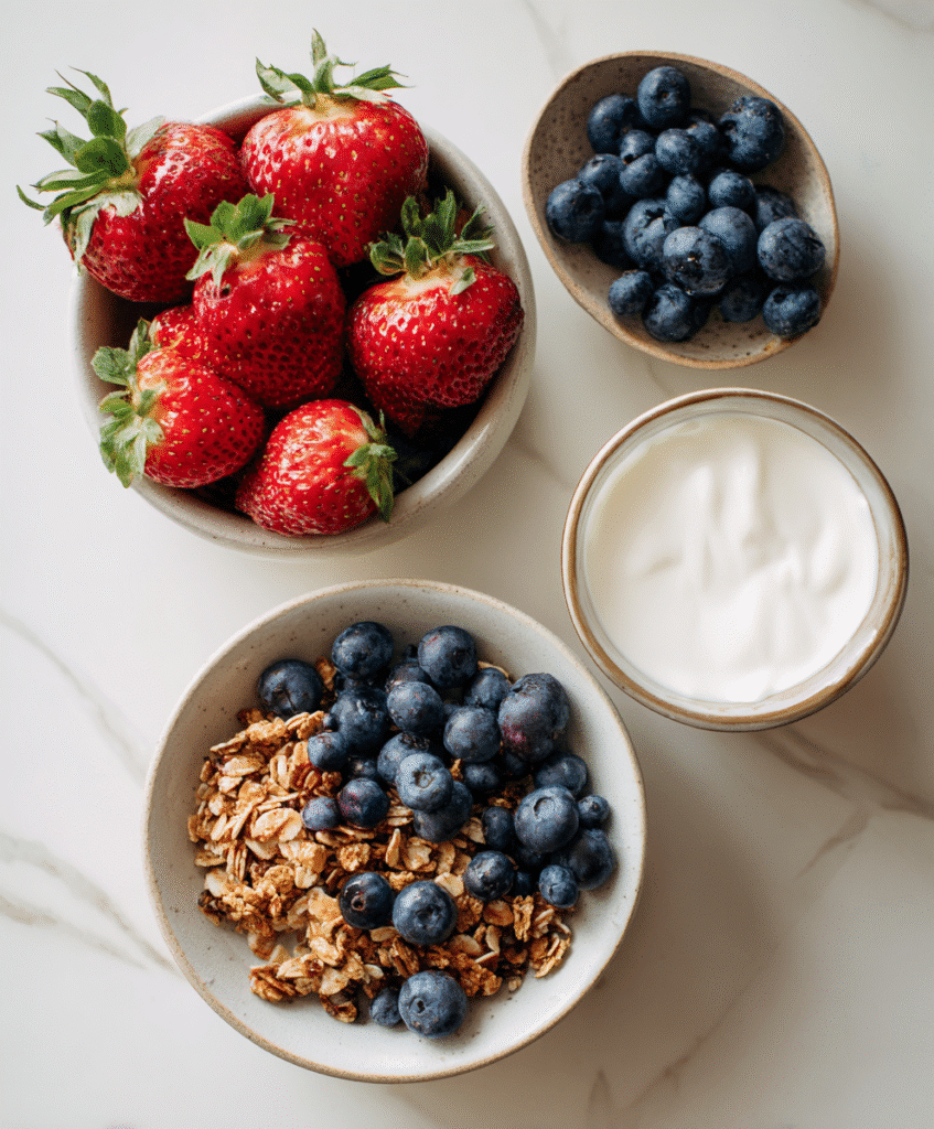 Greek Yogurt Bark: A Quick, Healthy Treat My Kids Can't Get Enough Of 4 Ingredients for Greek yogurt bark including berries, granola, and yogurt