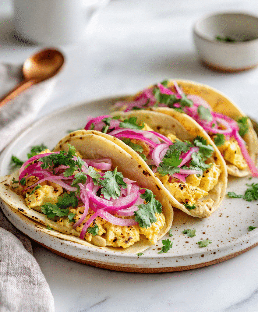 Hummus Breakfast Tacos: 1 Quick & Healthy Twist for Your Morning 2 Hummus breakfast tacos with scrambled eggs on white plate