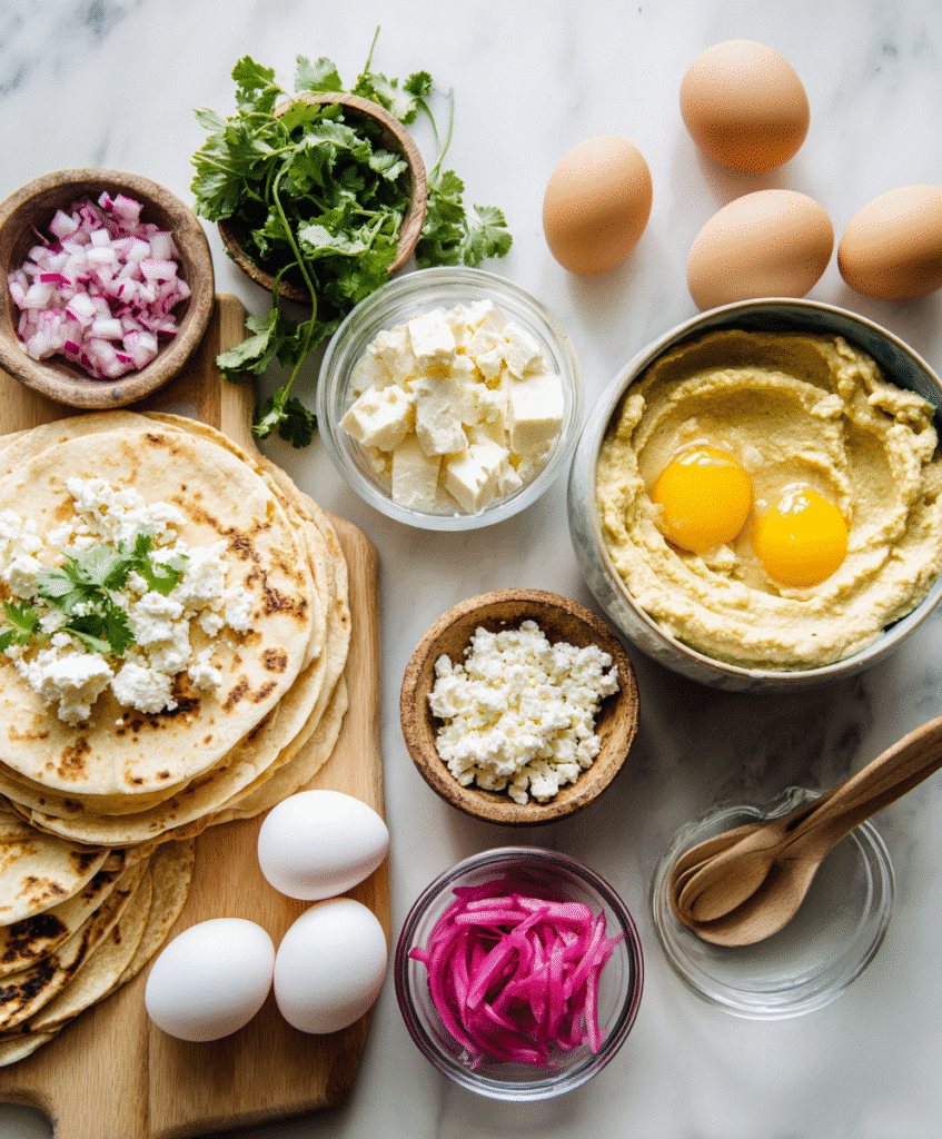 Hummus Breakfast Tacos: 1 Quick & Healthy Twist for Your Morning 4 Ingredients for hummus breakfast tacos laid out on a white counter