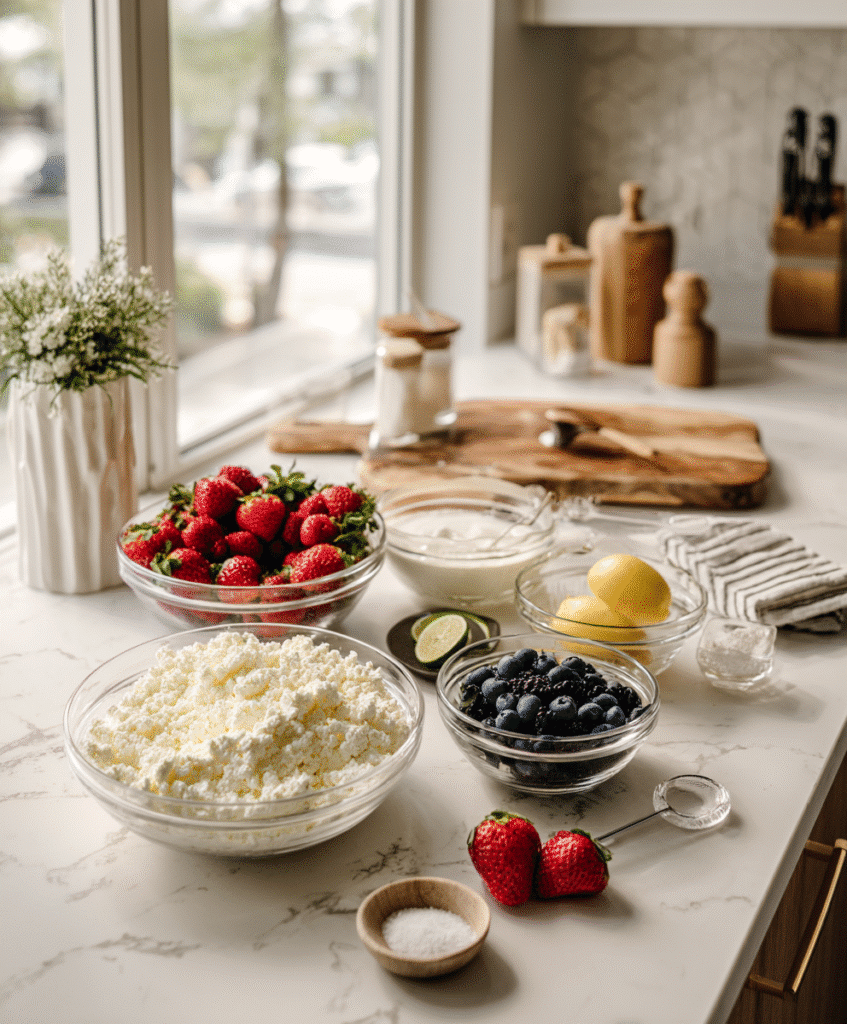 How to Make Keto Cottage Cheese Cheesecake: A Delicious Low-Carb Treat 4 Ingredients for Keto Cottage Cheese Cheesecake including cottage cheese, cream cheese, sour cream, Monk Fruit Liquid sweetener, eggs, and fresh berries.