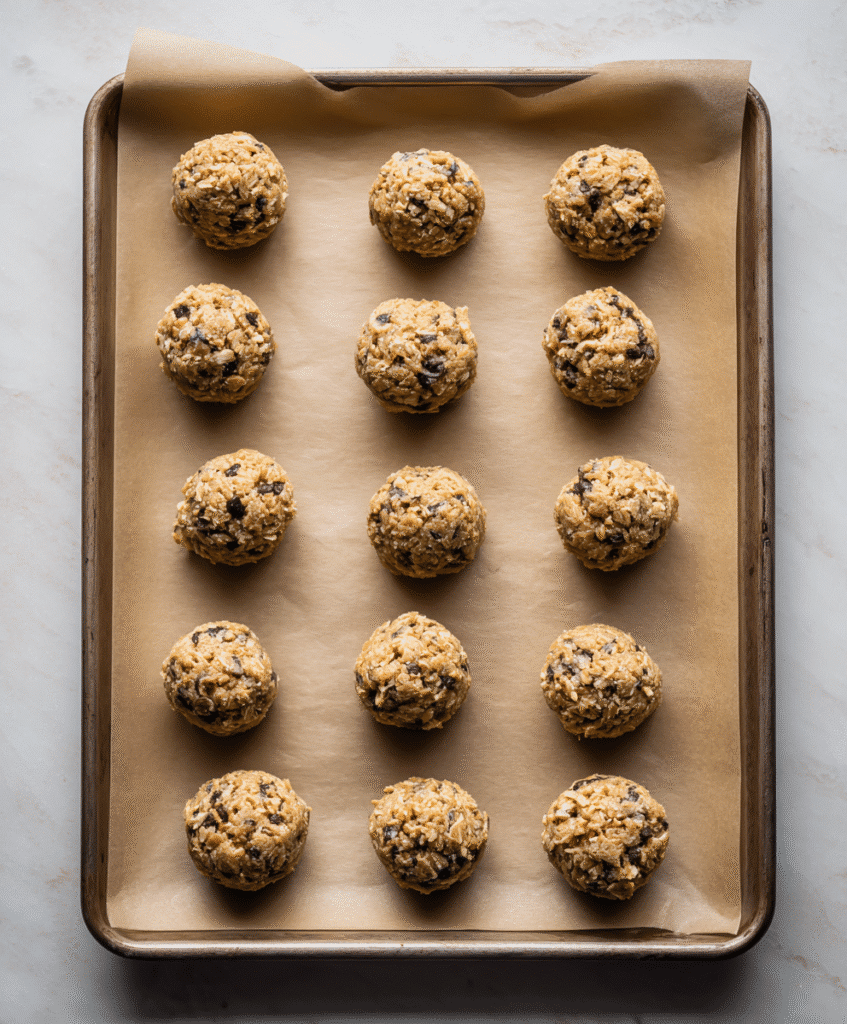 Protein Cookie Dough Balls: The Easy Treat Packed with Energy 4 Dough Balls on Lined Baking Sheet