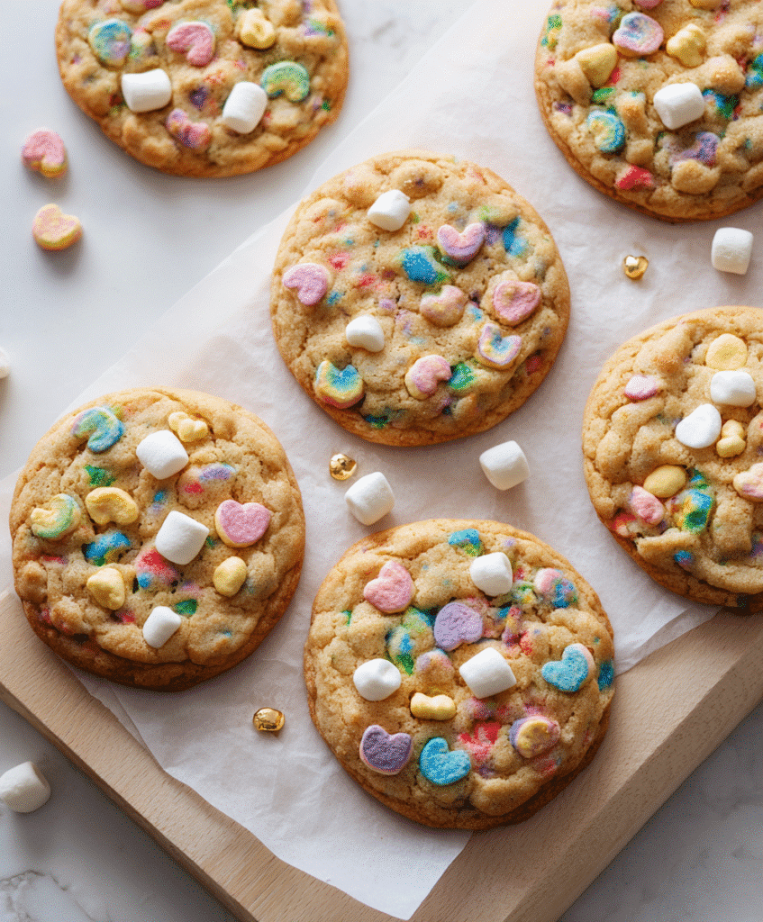 Lucky Charms Cereal Cookies – A Magical Homemade Cookie Kids Love 2 Lucky Charms cereal cookies freshly baked on parchment