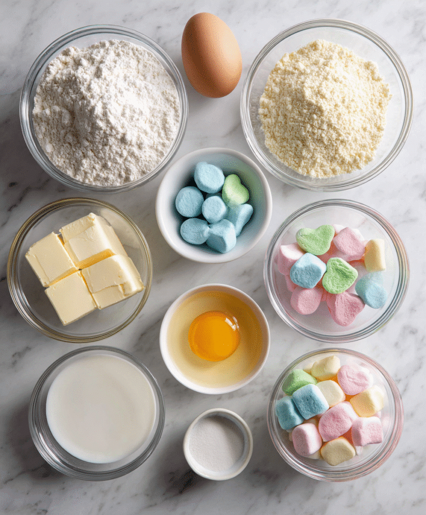 Lucky Charms Cereal Cookies – A Magical Homemade Cookie Kids Love 4 Lucky Charms cookie ingredients on marble in glass bowls