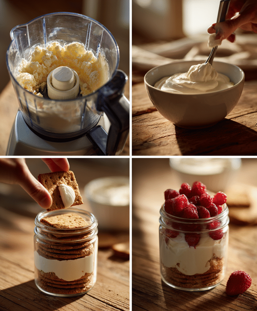 Protein Cheesecake Jars: A Simple, Creamy High-Protein Dessert You’ll Love 5 Mixing whipped cottage cheese with Greek yogurt in a white bowl