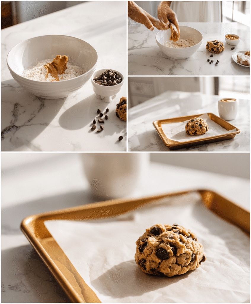 stirring protein cookie dough in white bowl