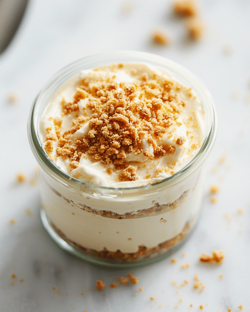 No Bake Protein Cheesecake: The Easy Treat You’ll Crave Daily 2 No bake protein cheesecake in glass jar with graham crumbs