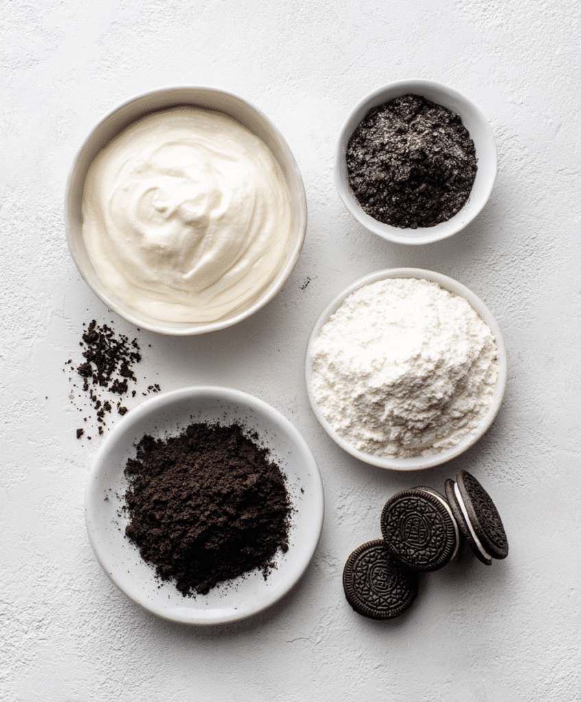 Oreo Protein Cheesecake Made Easy with 4 Ingredients 4 Ingredients for Oreo protein cheesecake on marble