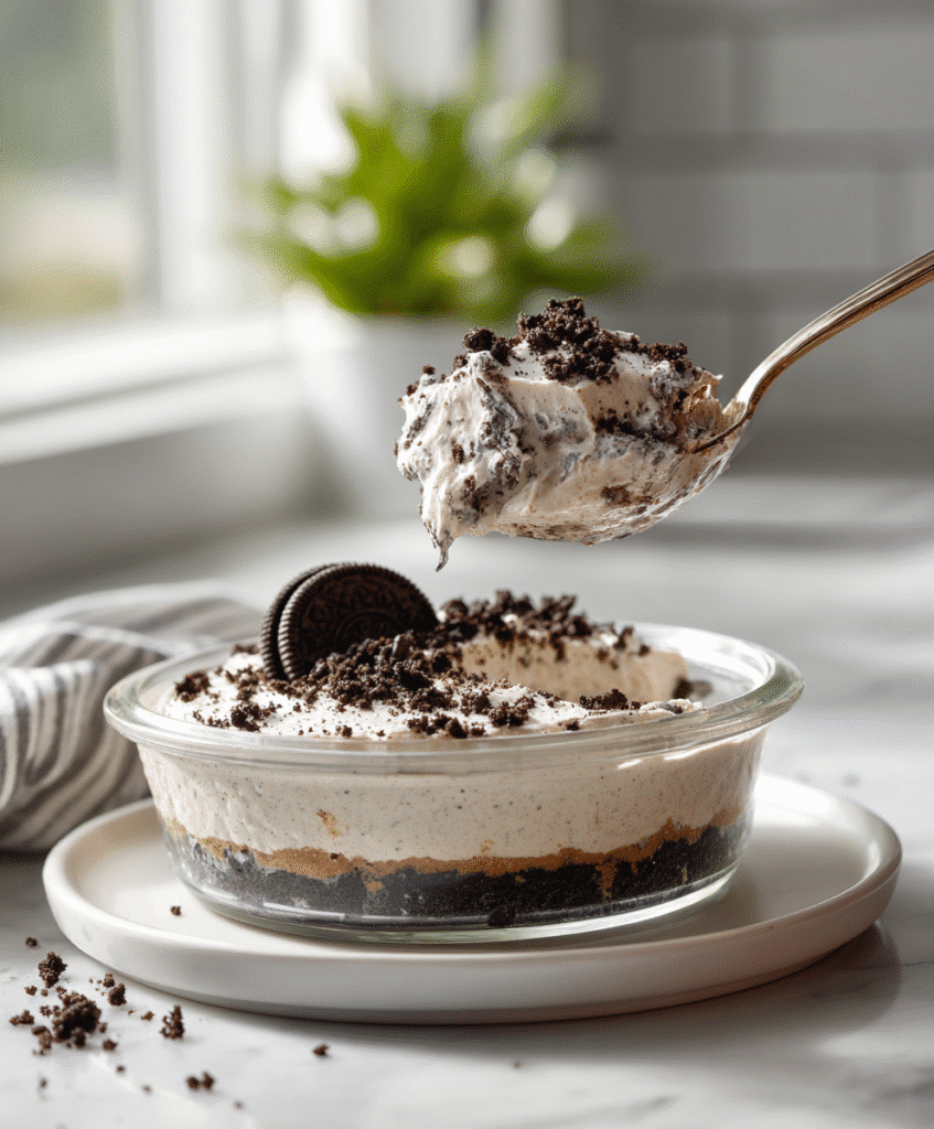 Oreo Protein Cheesecake Made Easy with 4 Ingredients 6 Oreo protein cheesecake served in a white ramekin on a white plate