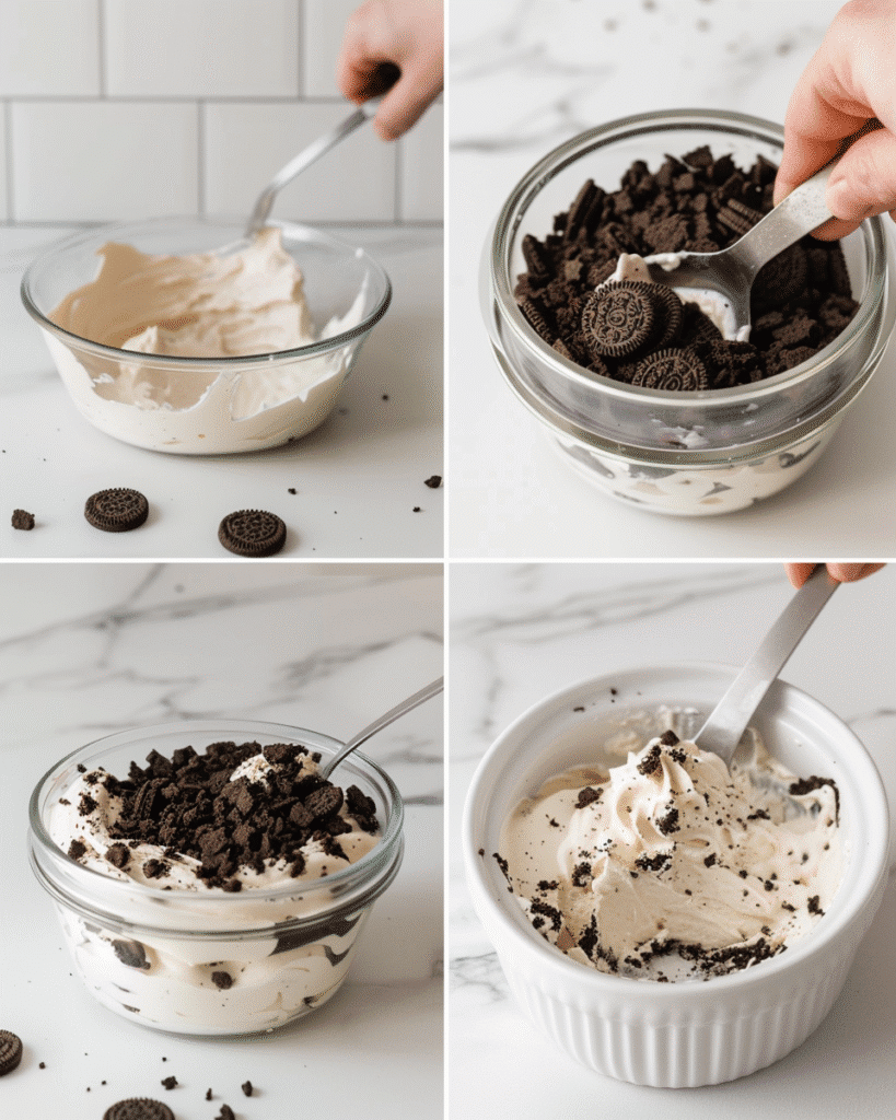 Oreo Protein Cheesecake Made Easy with 4 Ingredients 5 Step-by-step Oreo protein cheesecake preparation in 4 image panels