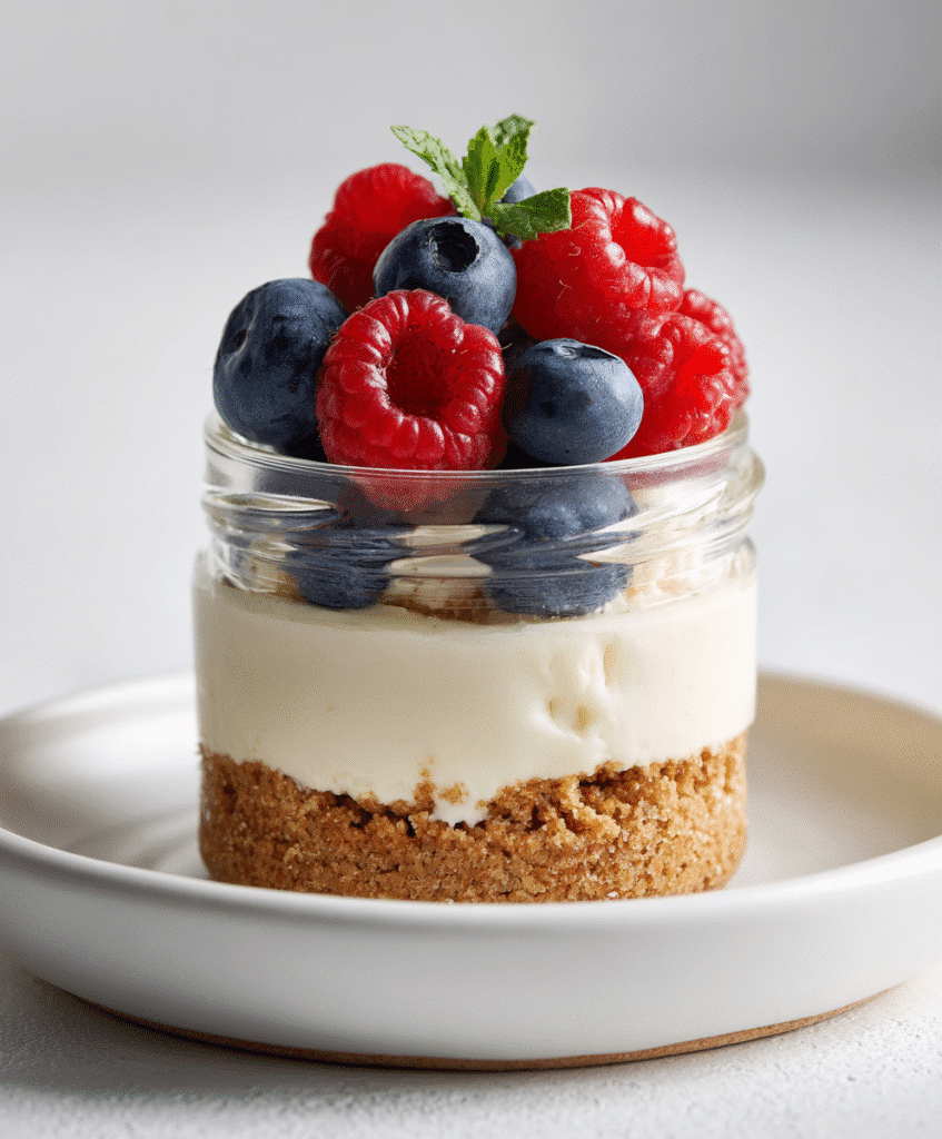 Protein Cheesecake Jars: A Simple, Creamy High-Protein Dessert You’ll Love 2 Protein cheesecake jars with creamy filling and berry topping on rustic wooden table