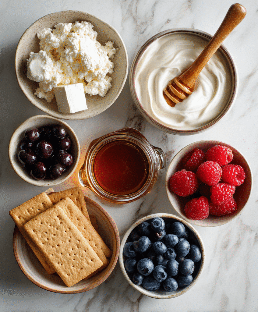 Protein Cheesecake Jars: A Simple, Creamy High-Protein Dessert You’ll Love 3 Top-down view of cottage cheese, Greek yogurt, maple syrup, graham crackers, and berries