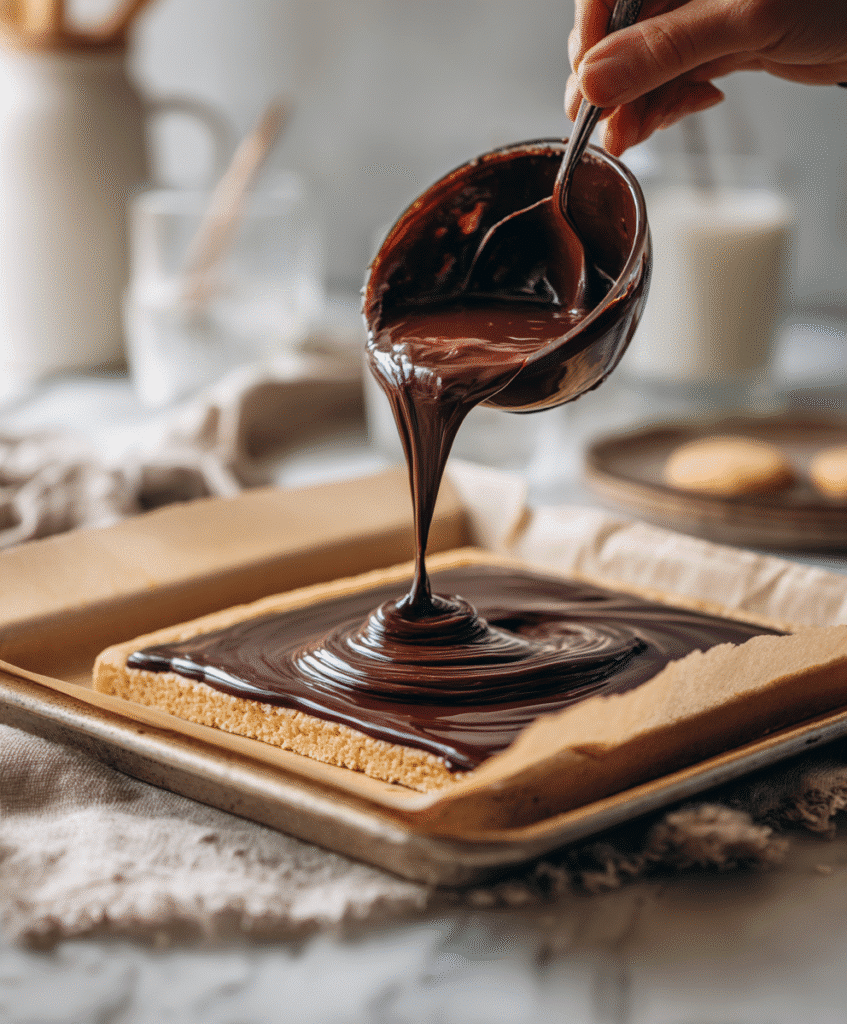 Protein Cookie Dough Bark That’s Simple, Delicious, and Good for You 6 Chocolate being poured over protein dough in white kitchen