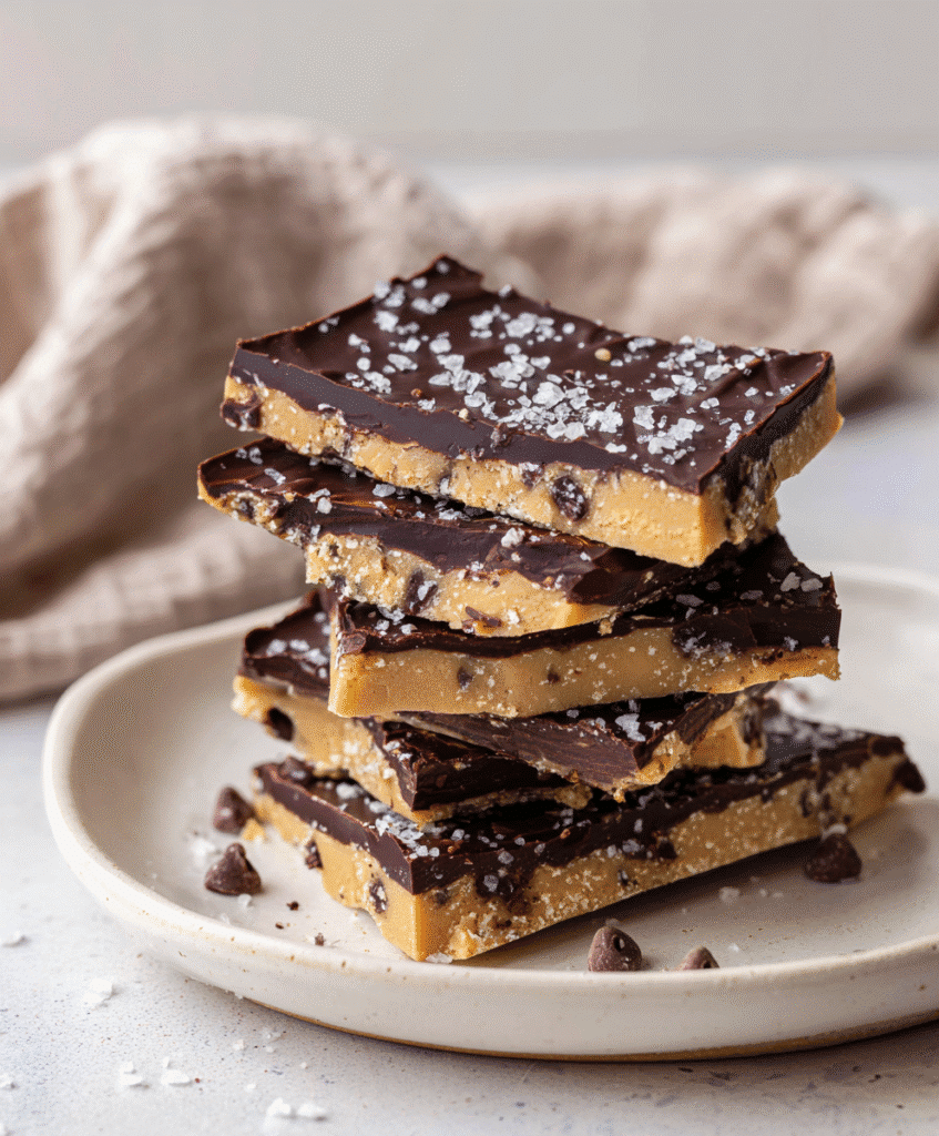 Protein Cookie Dough Bark That’s Simple, Delicious, and Good for You 2 Protein cookie dough bark with chocolate and sea salt on white background