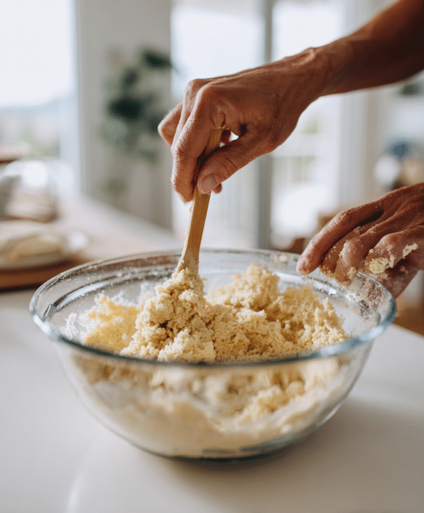 Protein Cookie Dough Bark That’s Simple, Delicious, and Good for You 5 Hands mixing protein cookie dough in white kitchen