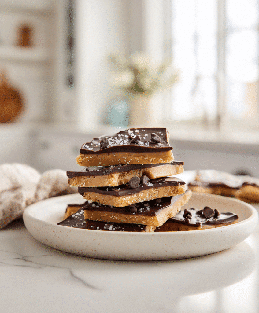Protein Cookie Dough Bark That’s Simple, Delicious, and Good for You 7 Served protein cookie dough bark on white plate in kitchen