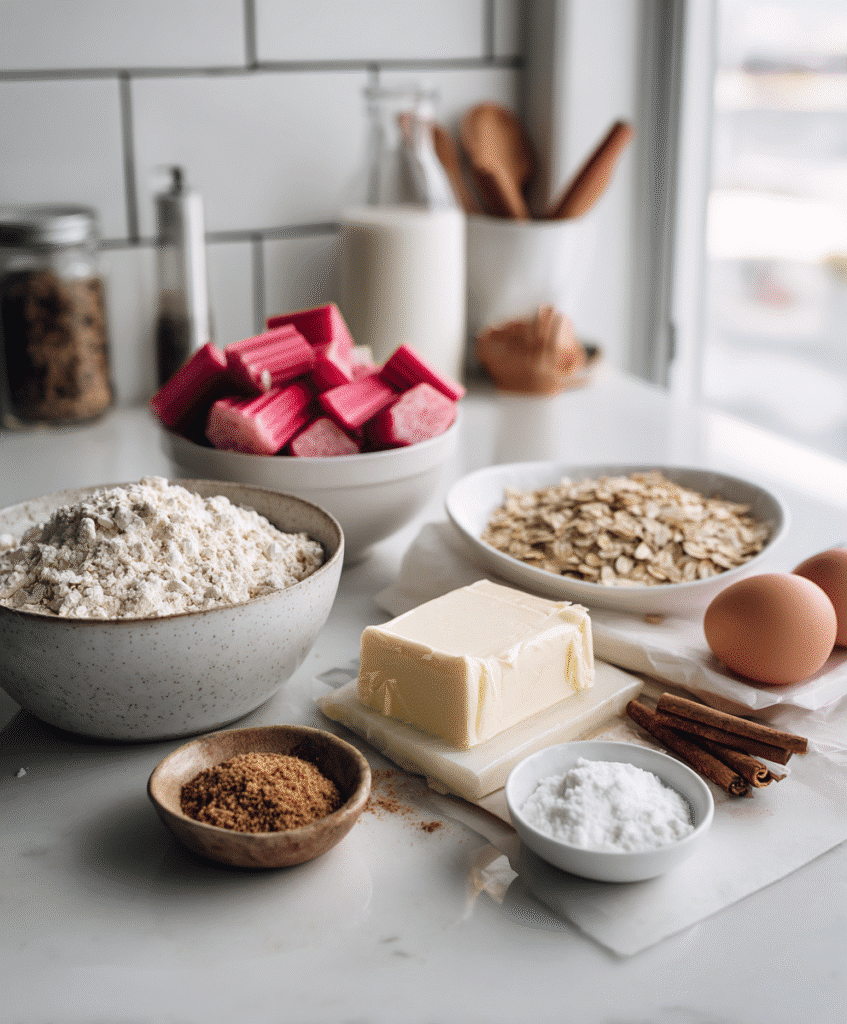 Rhubarb Cheesecake Squares: A Simple, Protein-Packed Dessert for Every Season 3 Ingredients for rhubarb cheesecake squares on kitchen counter
