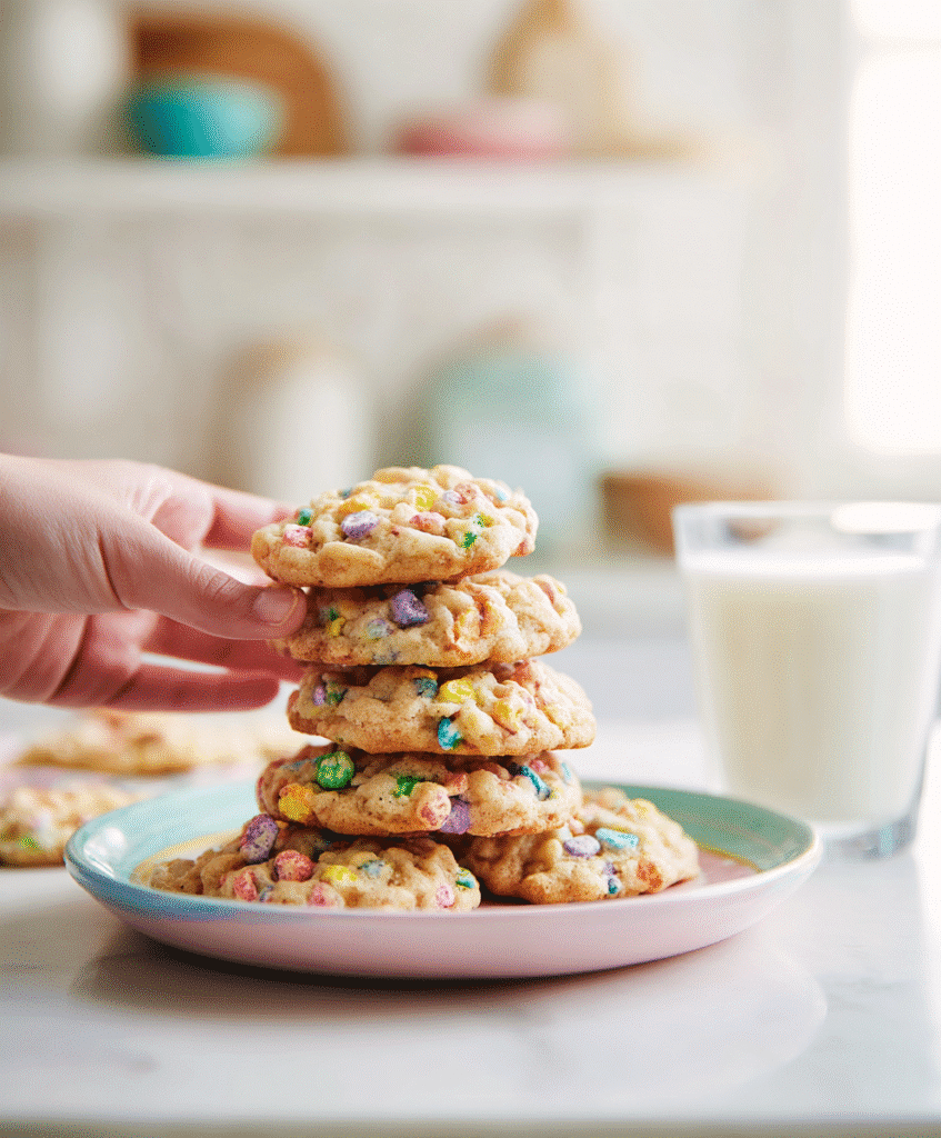 Lucky Charms Cereal Cookies – A Magical Homemade Cookie Kids Love 7 Stack of Lucky Charms cookies served with milk