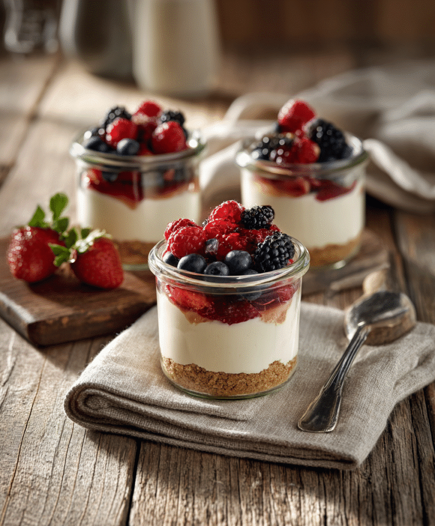 Protein Cheesecake Jars: A Simple, Creamy High-Protein Dessert You’ll Love 6 Protein cheesecake jars with fruit toppings served on a clean white background