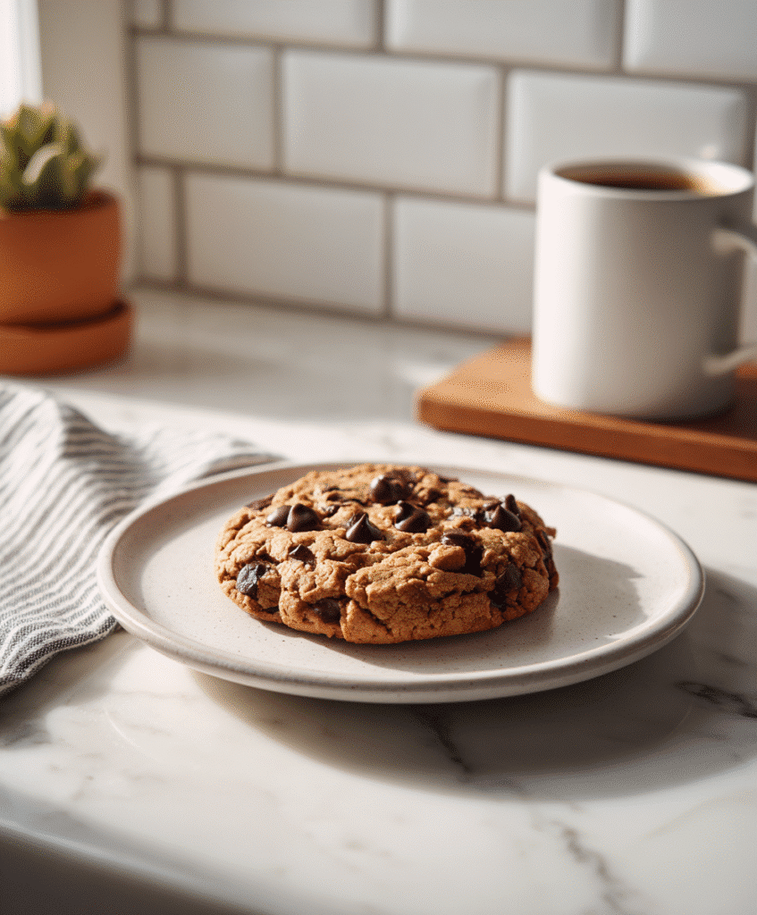 single serve protein cookie on a white plate in a clean kitchen
