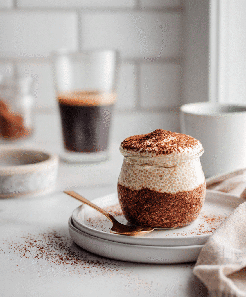 Tiramisu Chia Pudding for a Protein-Packed, Creamy Energy Boost 2 Tiramisu chia pudding with yogurt topping and cocoa dusting