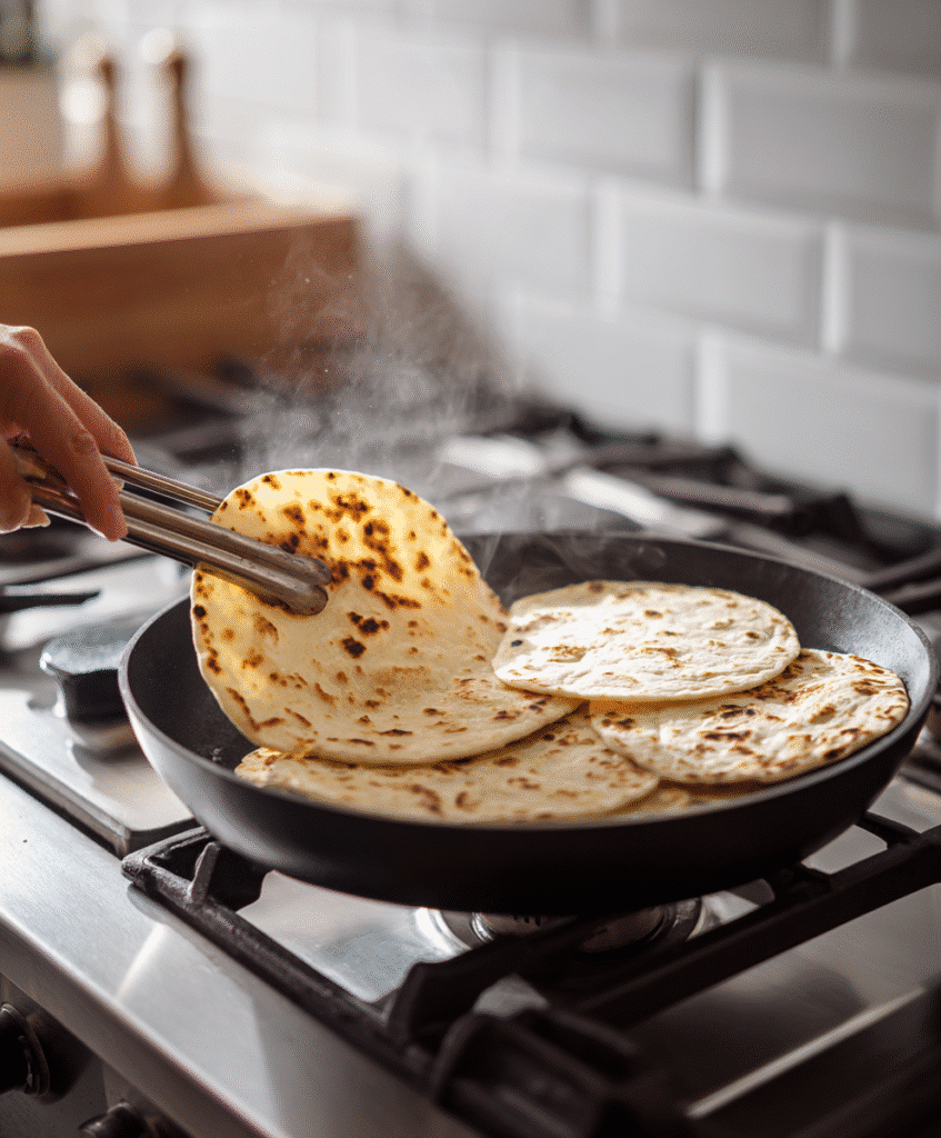 Hummus Breakfast Tacos: 1 Quick & Healthy Twist for Your Morning 5 Toasting tortillas on skillet for breakfast tacos
