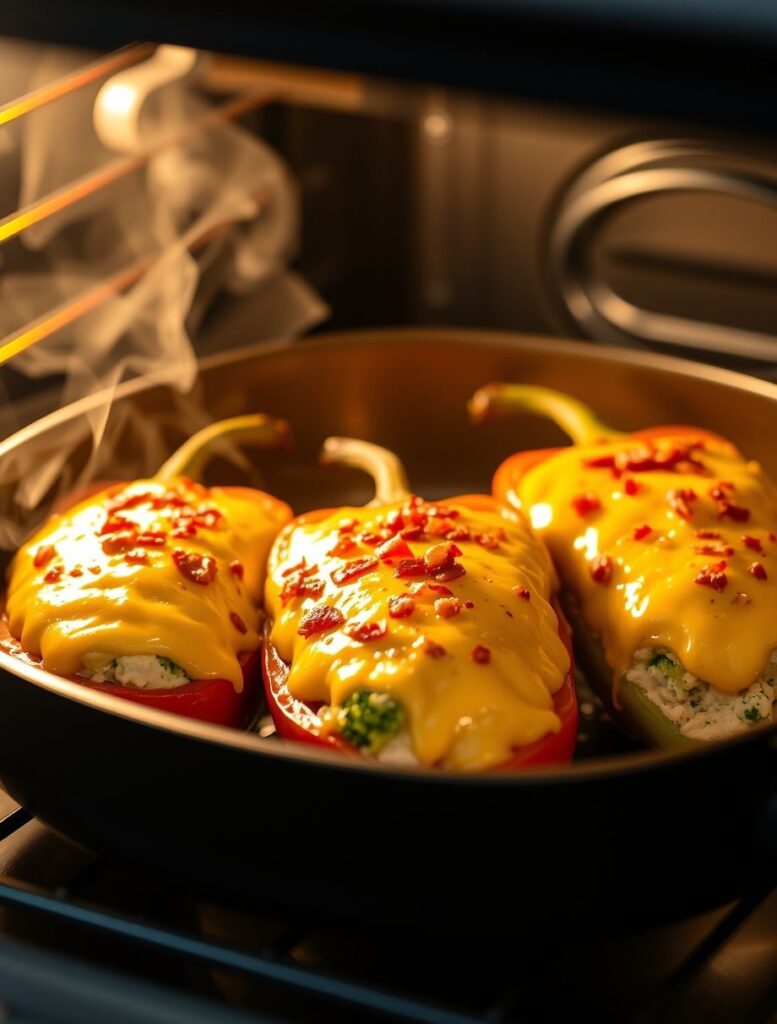Keto Stuffed Peppers: 5-Star Creamy Ranch Chicken Delight 7 Cheesy keto stuffed peppers baking in oven