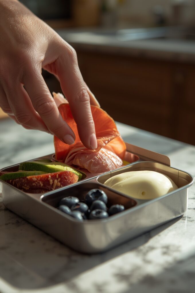 Keto Lunchable: Simple Low-Carb Lunches That Keep You Full 2 keto lunchable with ham, avocado, blueberries, and cheese in lunchbox