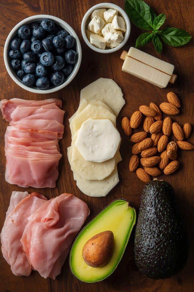 Keto Lunchable: Simple Low-Carb Lunches That Keep You Full 5 fresh keto lunchable ingredients on wooden table