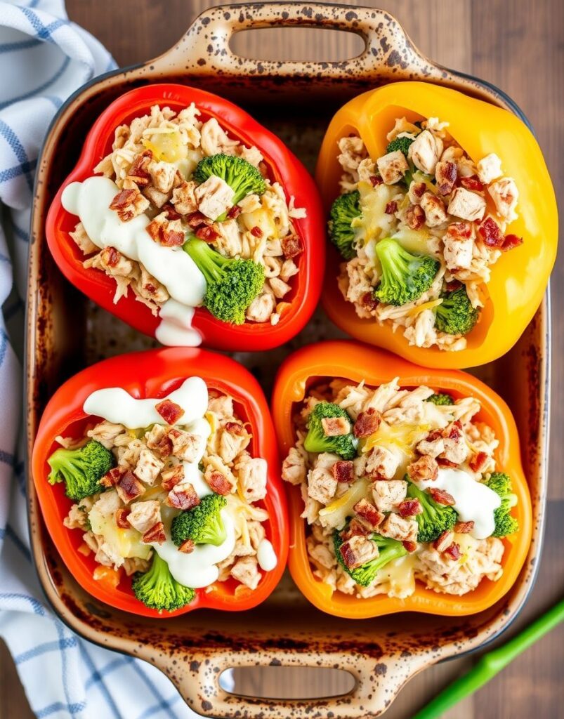 Keto Stuffed Peppers: 5-Star Creamy Ranch Chicken Delight 4 Keto Ranch Chicken and Broccoli Stuffed Peppers in baking dish