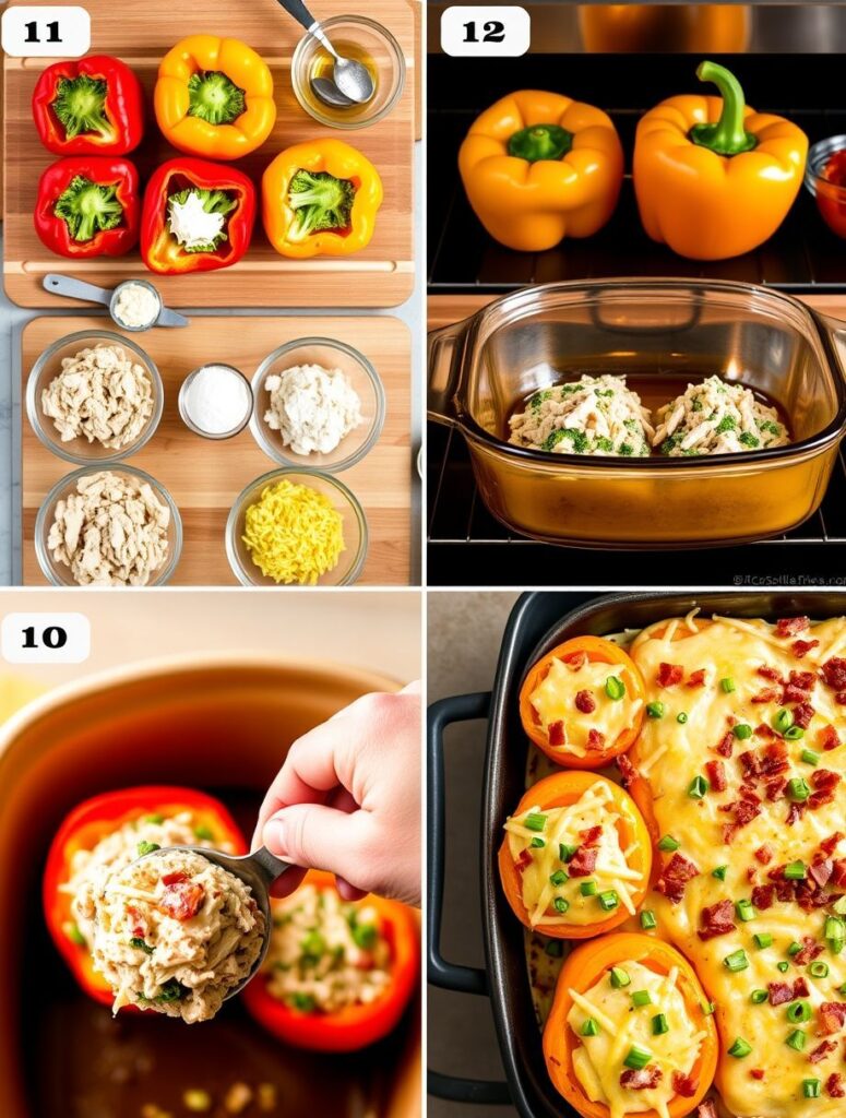 Keto Stuffed Peppers: 5-Star Creamy Ranch Chicken Delight 6 Step-by-step making of Keto Ranch Chicken and Broccoli Stuffed Peppers