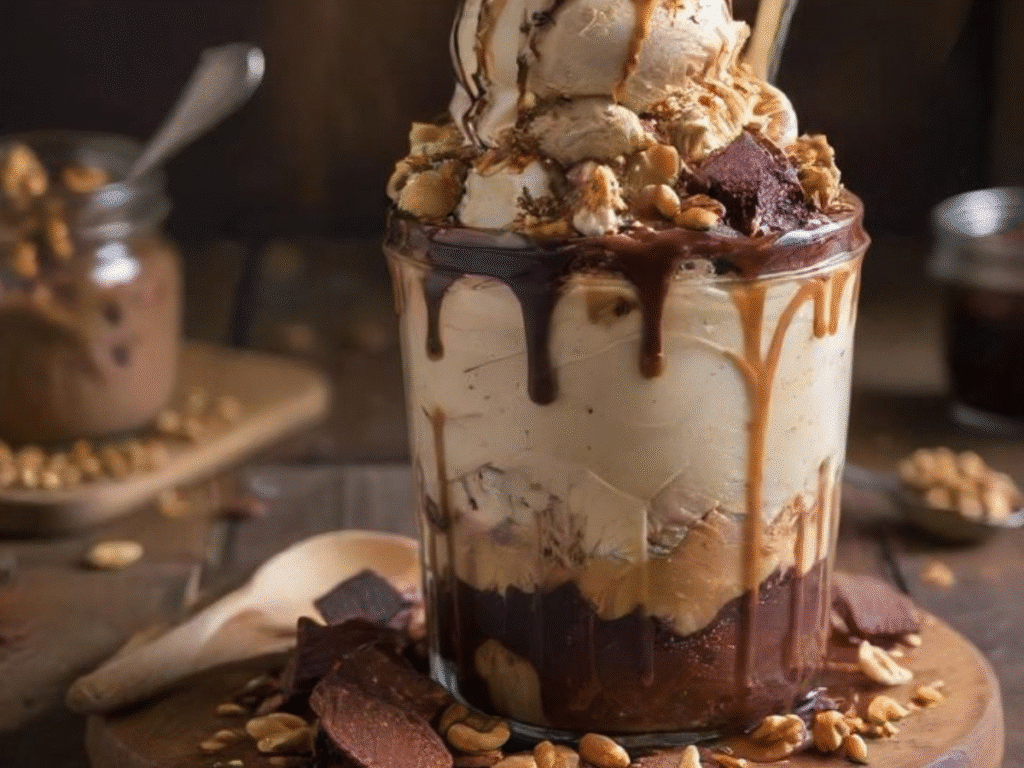 5 Healthy High-Protein Desserts You’ll Love 3 Creami protein ice cream in a glass bowl topped with chocolate drizzle, peanuts, and caramel sauce.