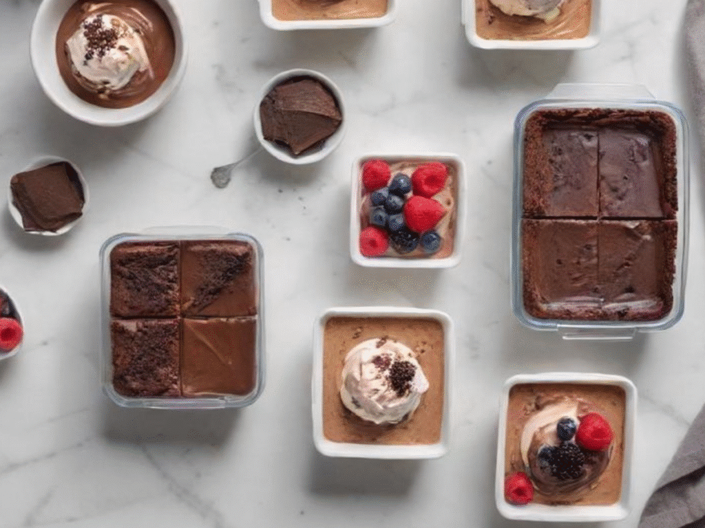 5 Healthy High-Protein Desserts You’ll Love 2 Healthy high-protein desserts including ice cream, chocolate mousse, cheesecake, brownies, and rhubarb squares on a marble table.