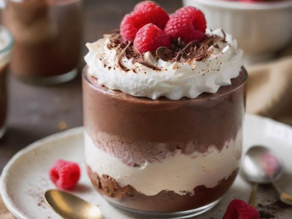 5 Healthy High-Protein Desserts You’ll Love 4 High-protein chocolate mousse topped with whipped cream, raspberries, and dark chocolate shavings.