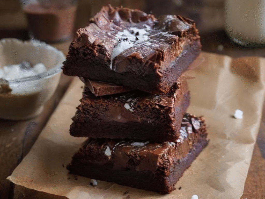 5 Healthy High-Protein Desserts You’ll Love 6 Protein brownies with Greek yogurt stacked on parchment paper with sea salt sprinkles.