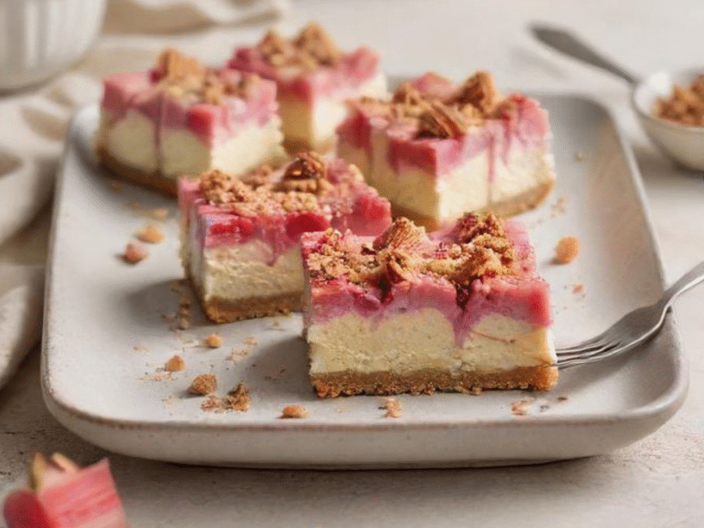 5 Healthy High-Protein Desserts You’ll Love 7 Rhubarb cheesecake squares topped with almond slices and golden crumble.