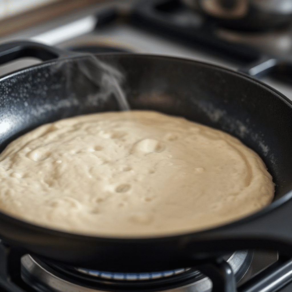 Cooking flatbread batter in skillet with olive oil