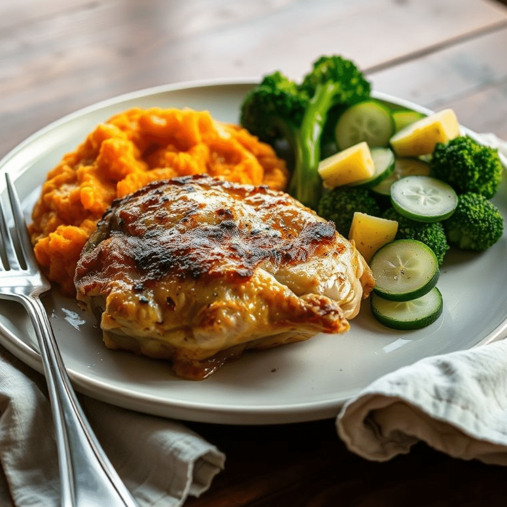 Juicy baked chicken thigh meal prep with roasted vegetables