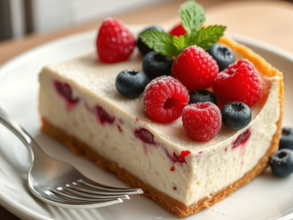 Slice of keto cottage cheese cheesecake topped with raspberries and mint leaves