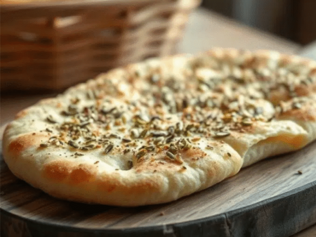 Keto cottage cheese flatbread with golden edges served on a rustic wooden board with herbs