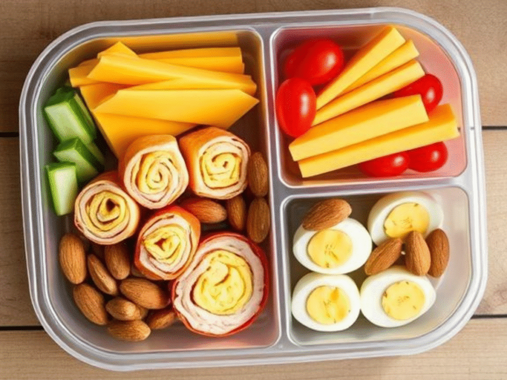 Keto lunchable snack box with cheese, turkey roll-ups, boiled eggs, cucumber sticks, and almonds