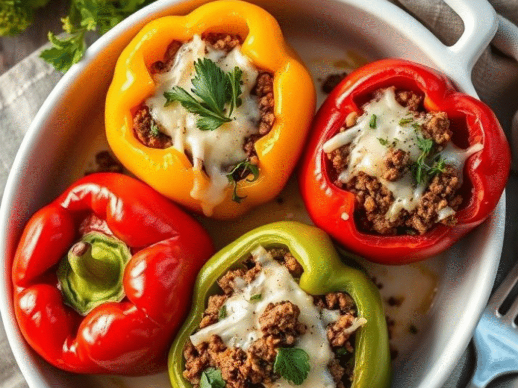 Keto stuffed bell peppers filled with ground beef, melted cheese, and herbs in a ceramic dish