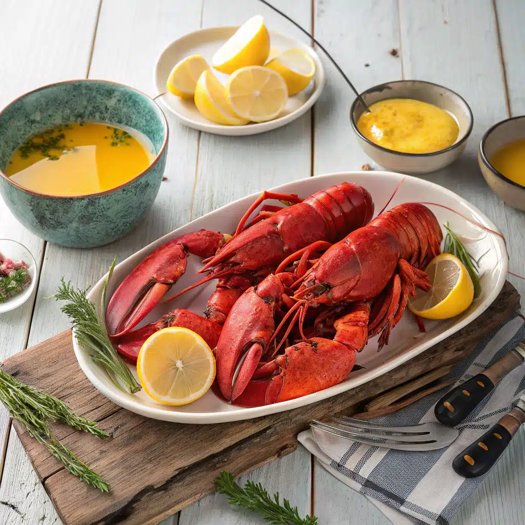 Maine lobster dishes with lemon and butter